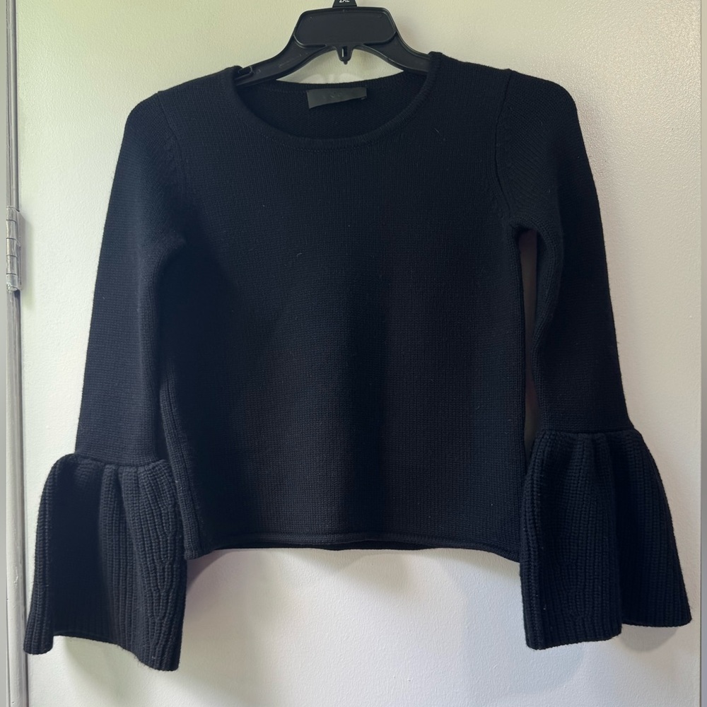 Co Crew Neck Wool Sweater Elegant Black Knit Sweater with Flared Sleeves